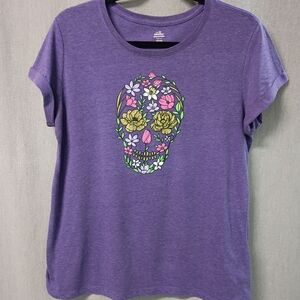 Way To Celebrate Halloween Size L (12-14) Short Sleeve Purple Floral Skull Tee